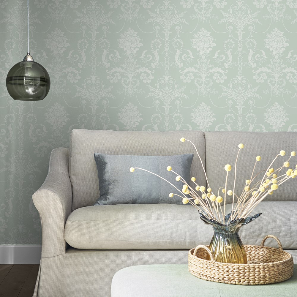 Josette Damask Wallpaper 113380 by Laura Ashley in Duck Egg Blue